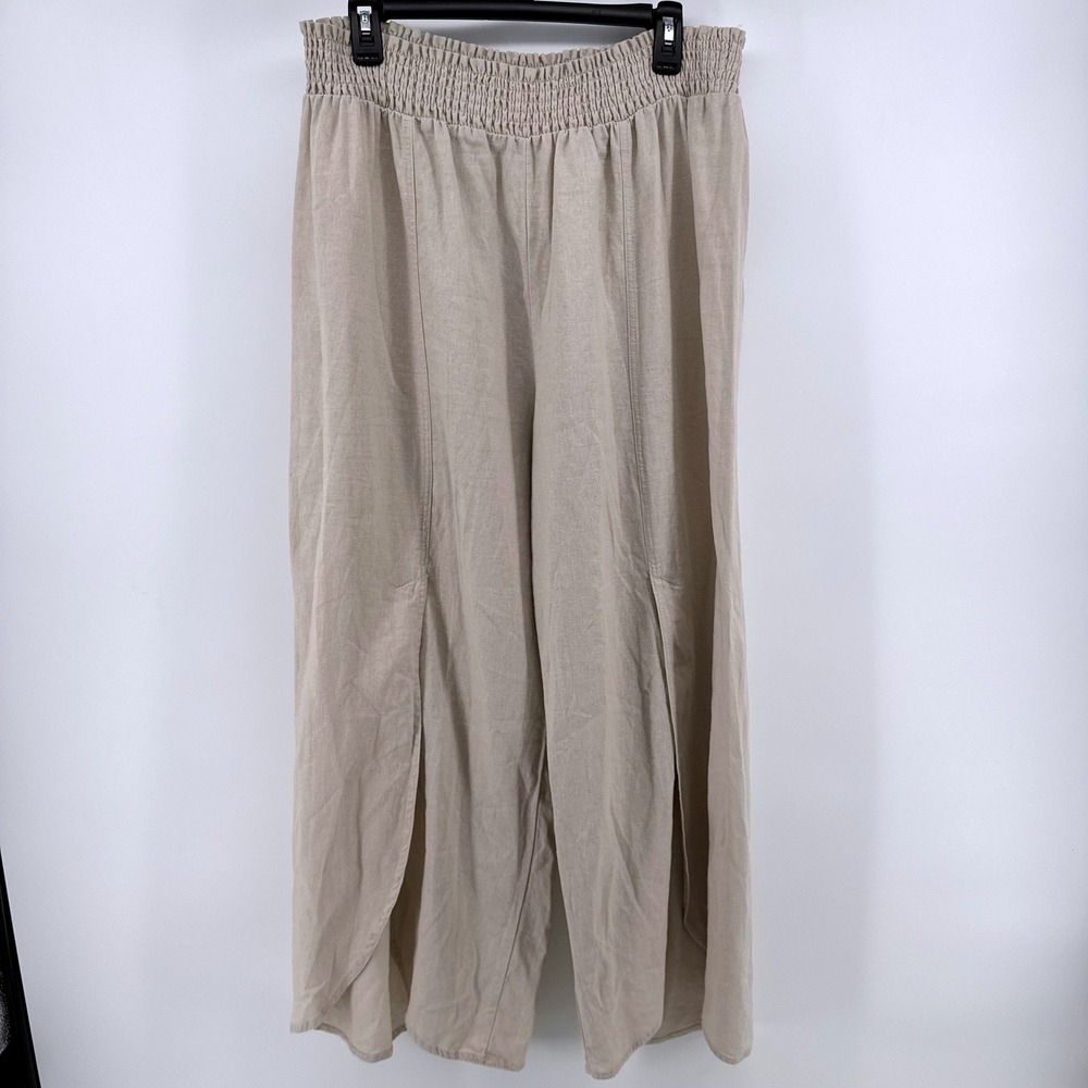 Land n Sea Linen Pants XL Beige Linen Blend Smocked Waist Tulip Hem Wide Leg